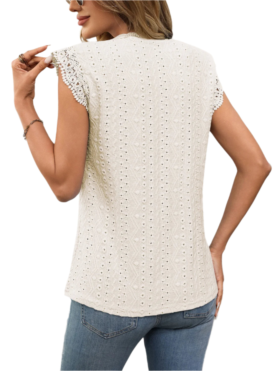 Lace Detail Round Neck Cap Sleeve Top