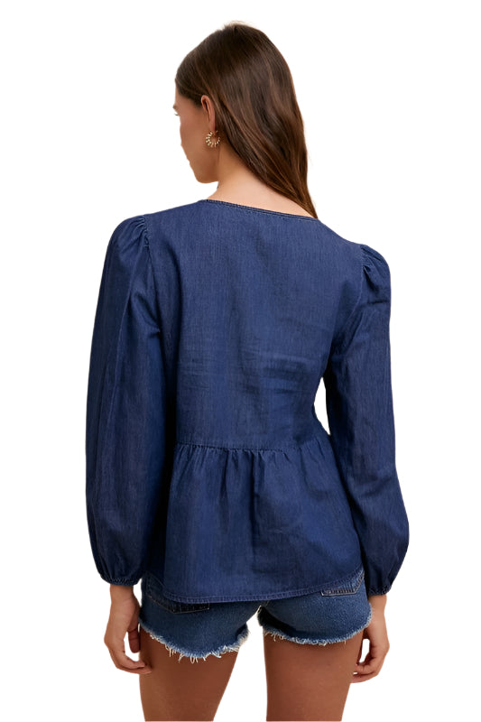 Annie Wear Tie Front Peplum Long Sleeve Denim Top