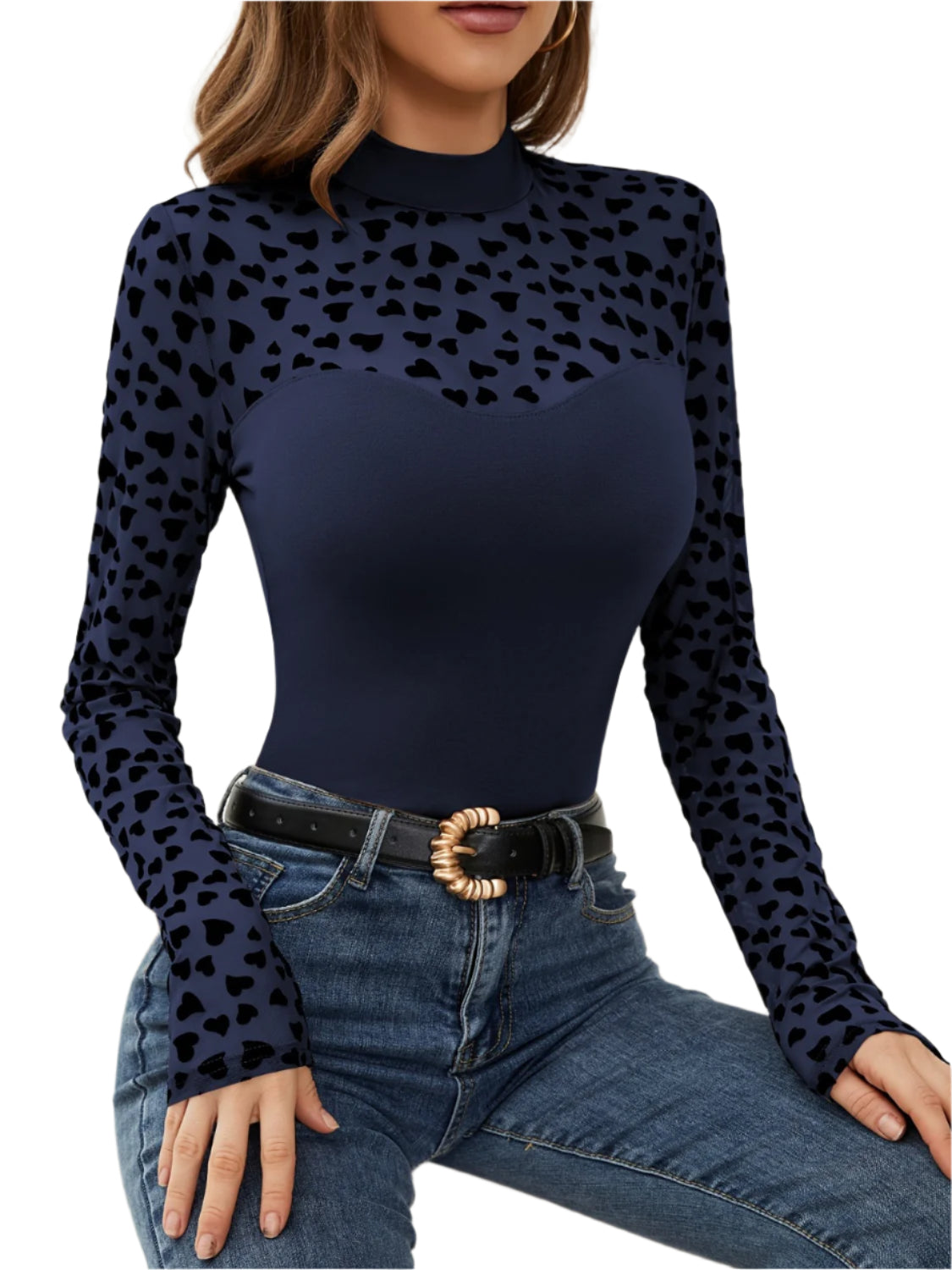 Heart Mock Neck Long Sleeve T-Shirt