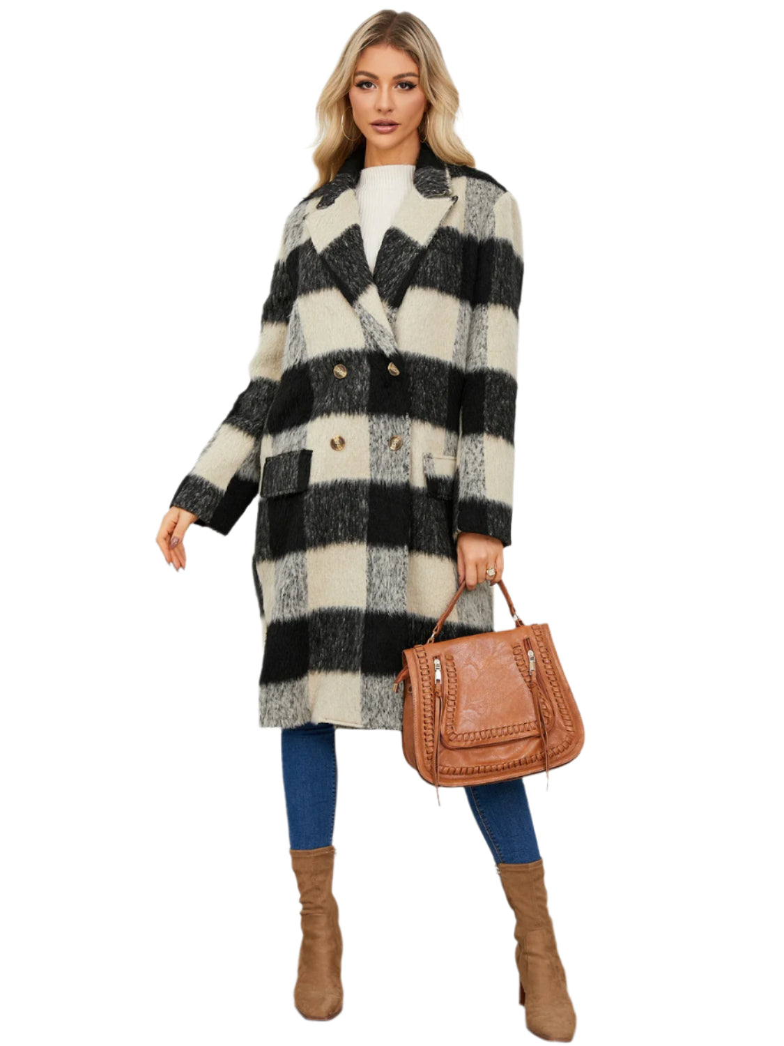 Plaid Double-Breasted Long Sleeve Coat