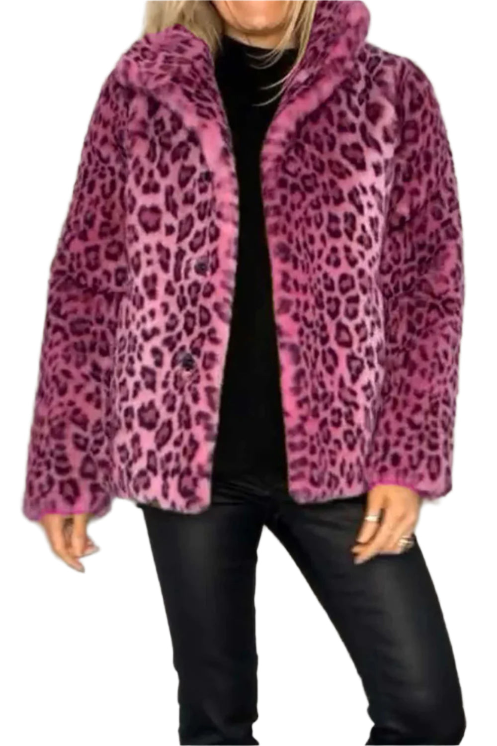 Full Size Leopard Furry Collared Neck Long Sleeve Coat