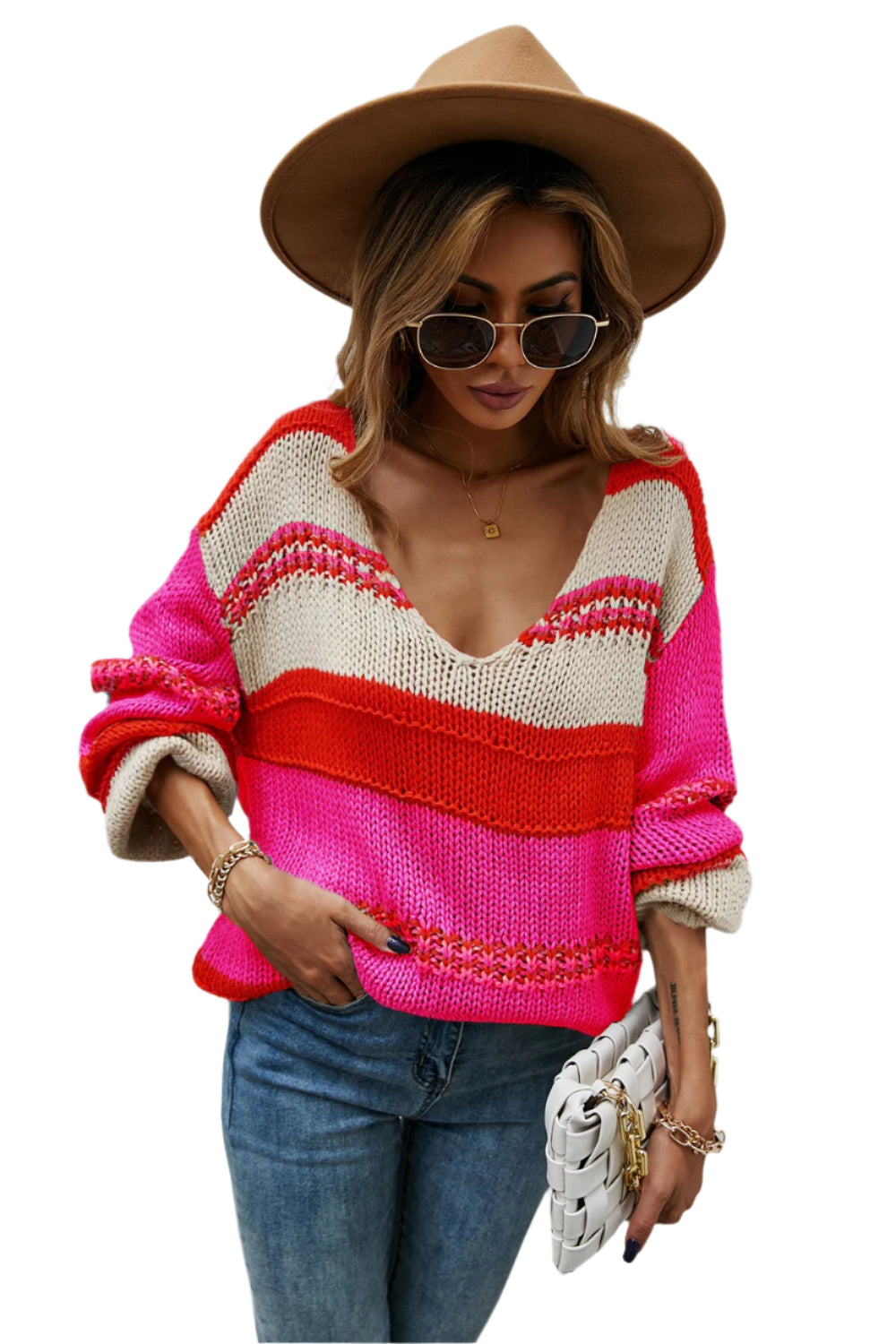Angel Wings Color Block V-Neck Dropped Shoulder Sweater