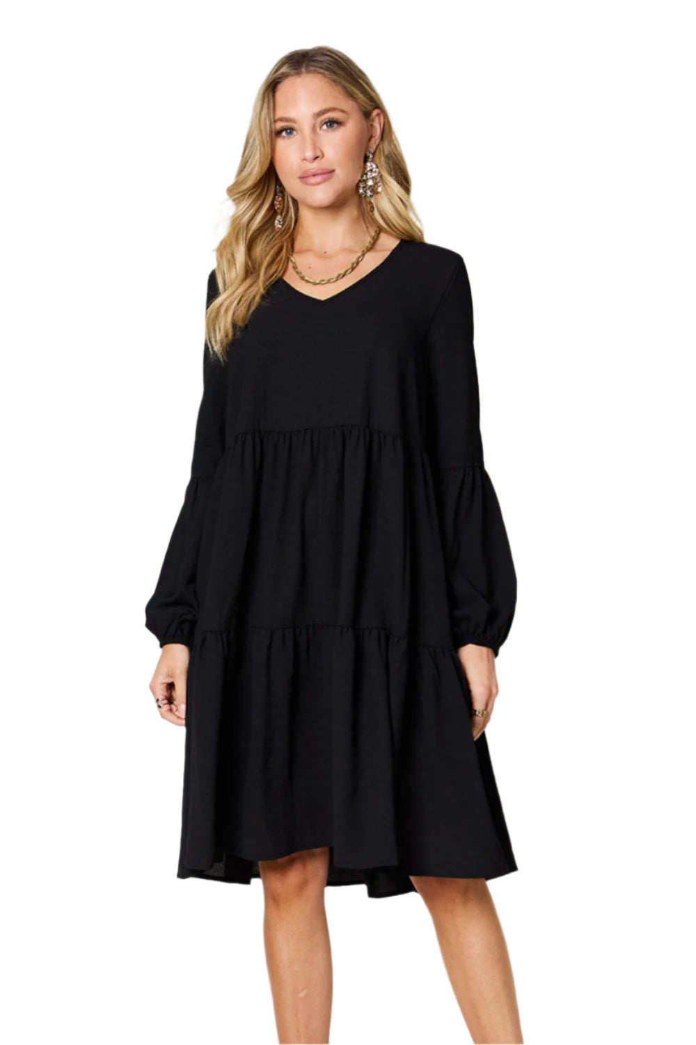 Double Take Full Size V-Neck Balloon Sleeve Tiered Dress with Pockets