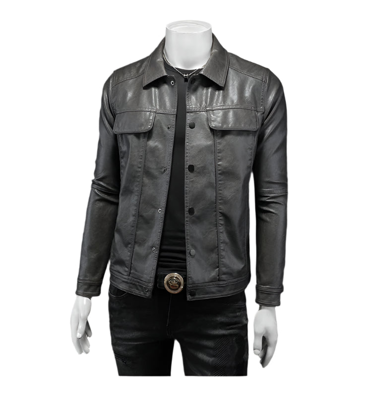 Men's Button Down PU Leather Jacket