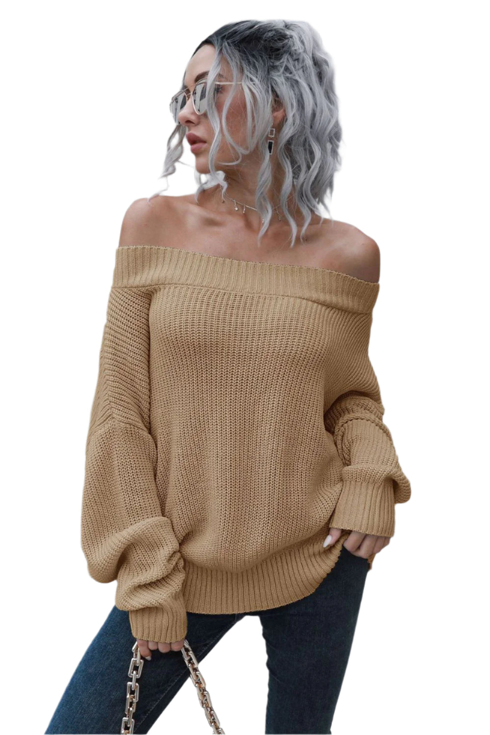 Off-Shoulder Ribbed Long Sleeve Pullover Sweater