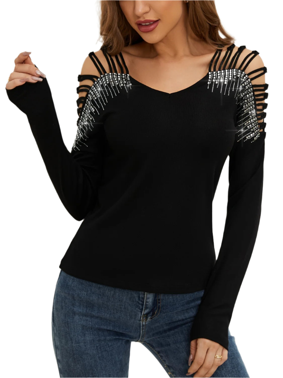 Rhinestone Cutout Long Sleeve T-Shirt