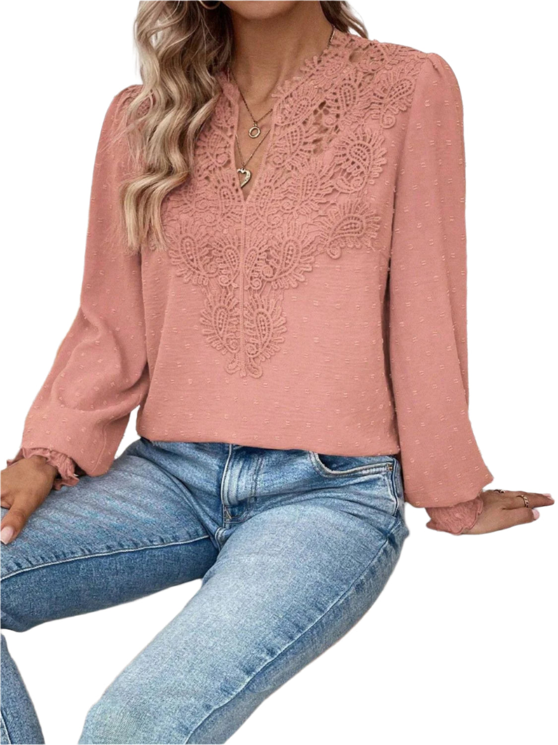 Swiss Dot Lace Detail Notched Long Sleeve Blouse