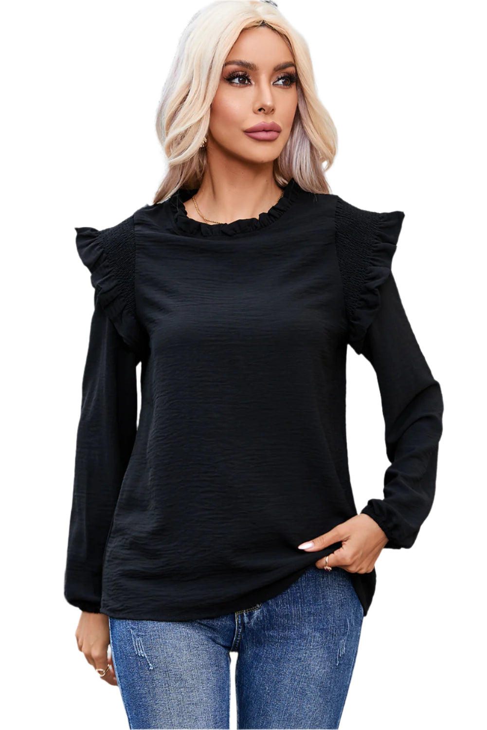 Frill Mock Neck Ruffled Balloon Sleeve Blouse