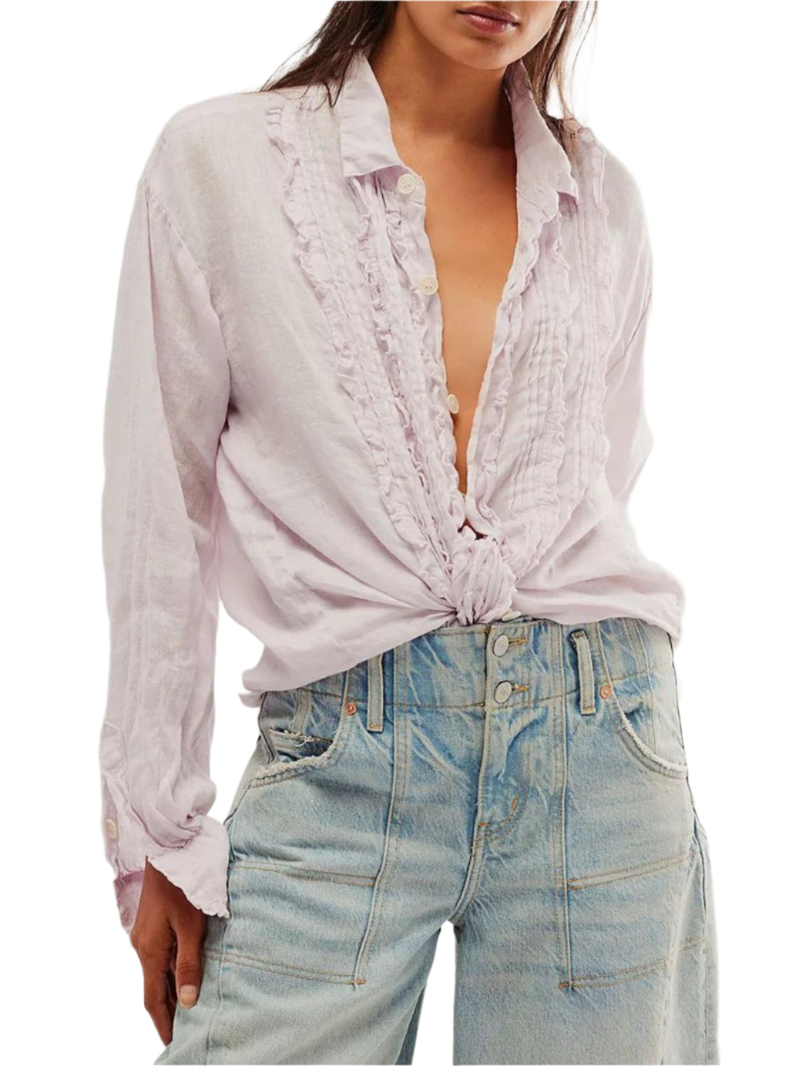 Frill Ruched Collared Neck Long Sleeve Shirt