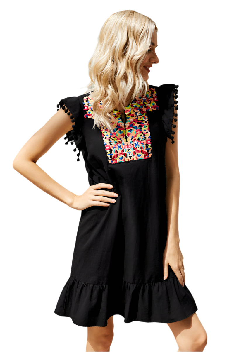 Graphic Embroidered Ruffle Hem Dress