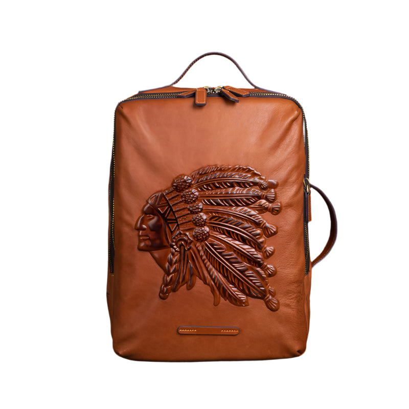 Men's Native American Embossed Cowhide Leather Backpack