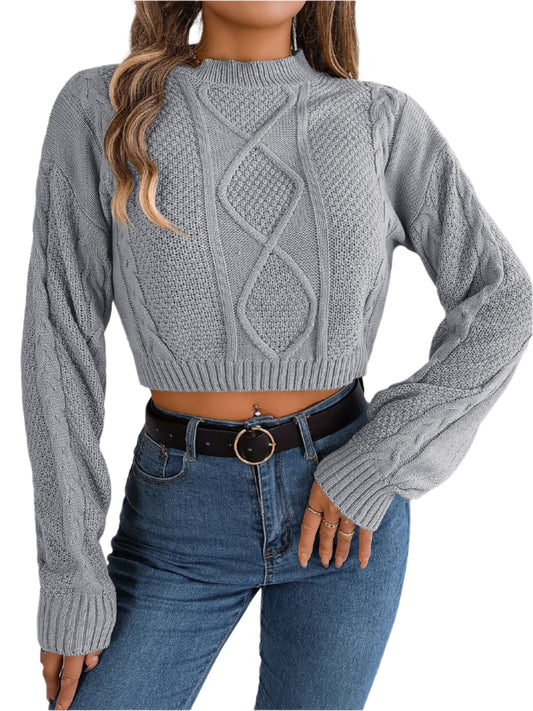 Cable-Knit Round Neck Cropped Sweater