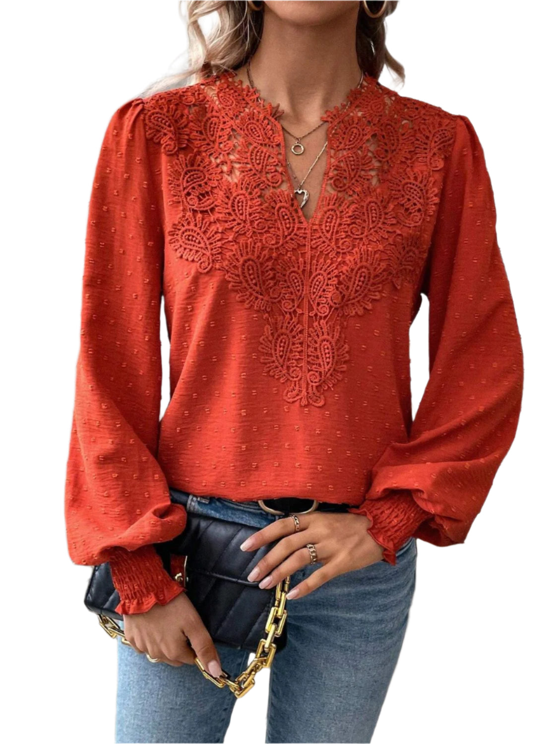 Swiss Dot Lace Detail Notched Long Sleeve Blouse