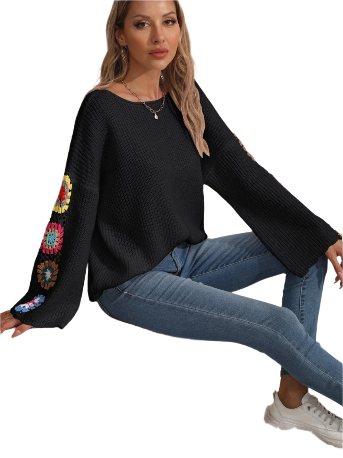 Crochet Flower Long Sleeve Sweater
