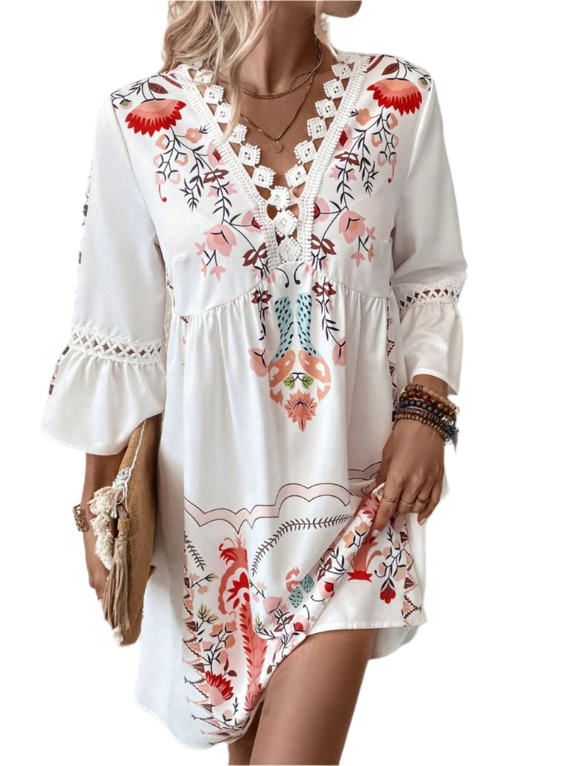 Lace Detail Printed Three-Quarter Sleeve Dress