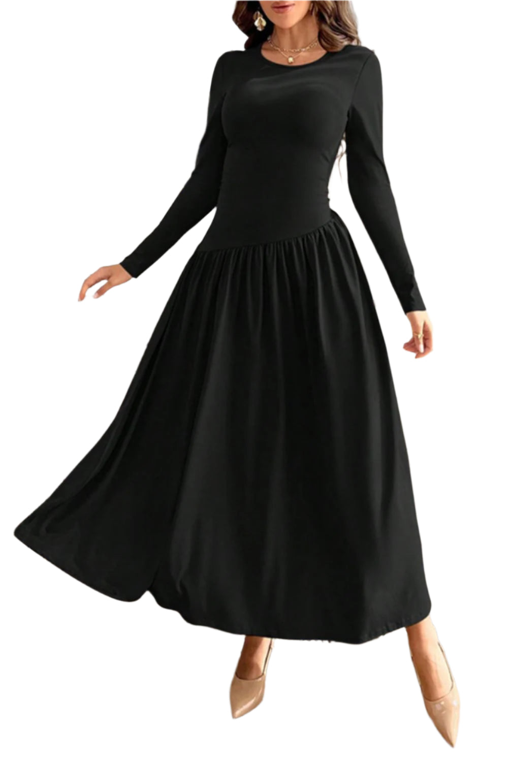 Ruched Round Neck Long Sleeve Dress