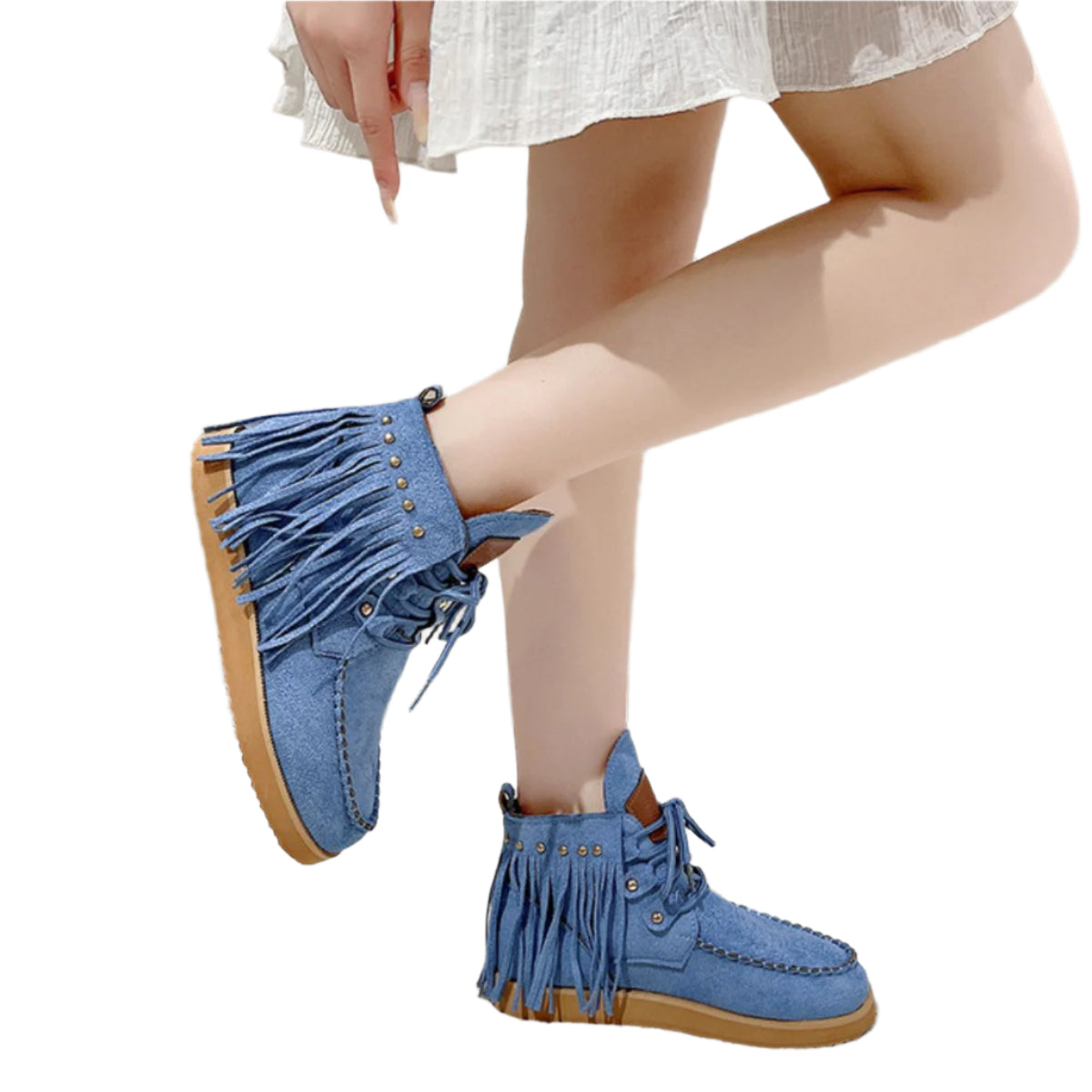 Fringe Studded Round Toe Canvas Boots