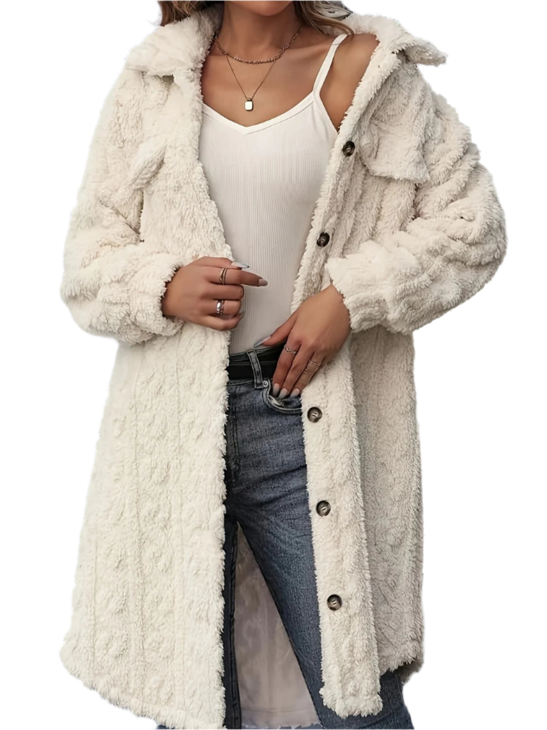 Fuzzy Button Up Long Sleeve Longline Coat