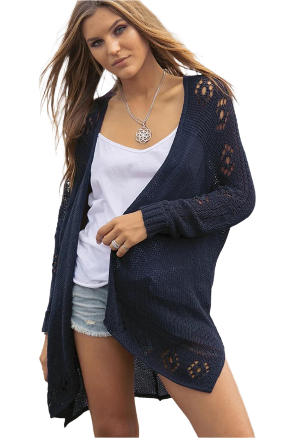 Openwork Side Slit Open Front Long Sleeve Cardigan