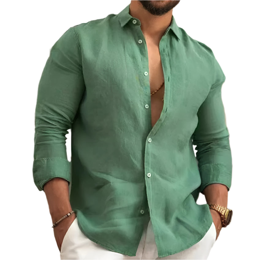 Solid Color Linen Men's Button Down Collard Shirt