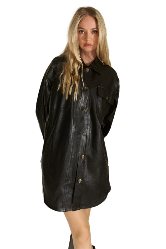 Davi & Dani Faux Leather Button Up Jacket with Chest Pockets