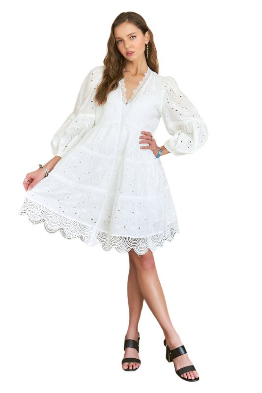 ADORA Lace Detail Tiered Eyelet V-Neck Babydoll Dress