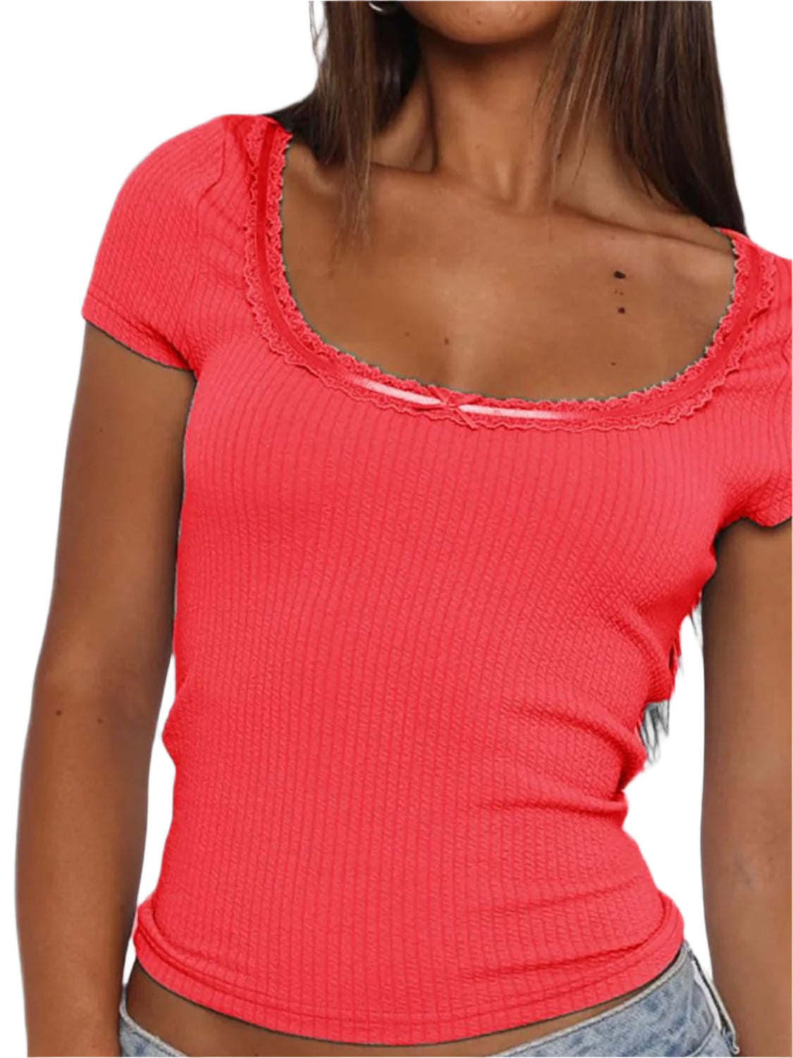 Lace Detail Scoop Neck Short Sleeve T-Shirt