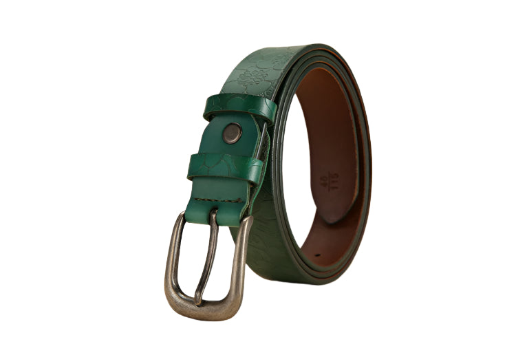 Floral Design Embossed Cowhide Leather Belt