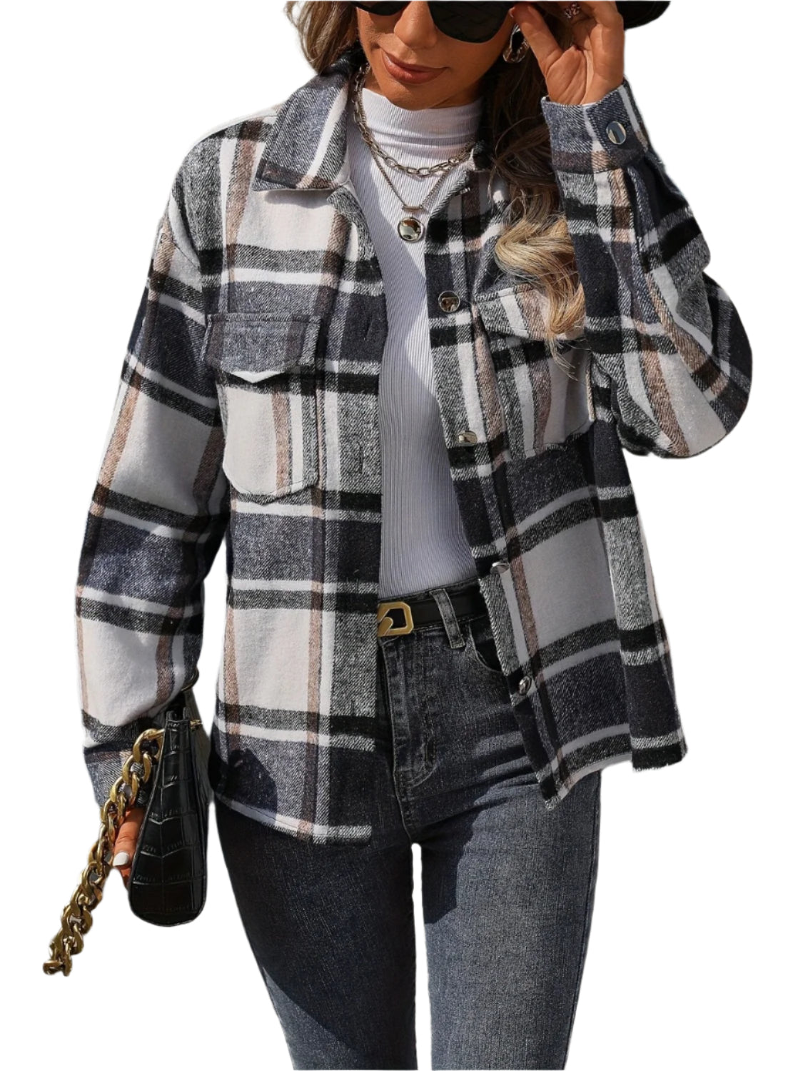 Plaid Button Up Drop Shoulder Jacket