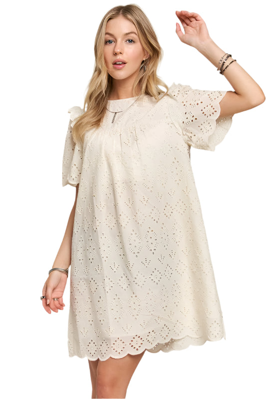ADORA Ruffled Eyelet Round Neck Dress