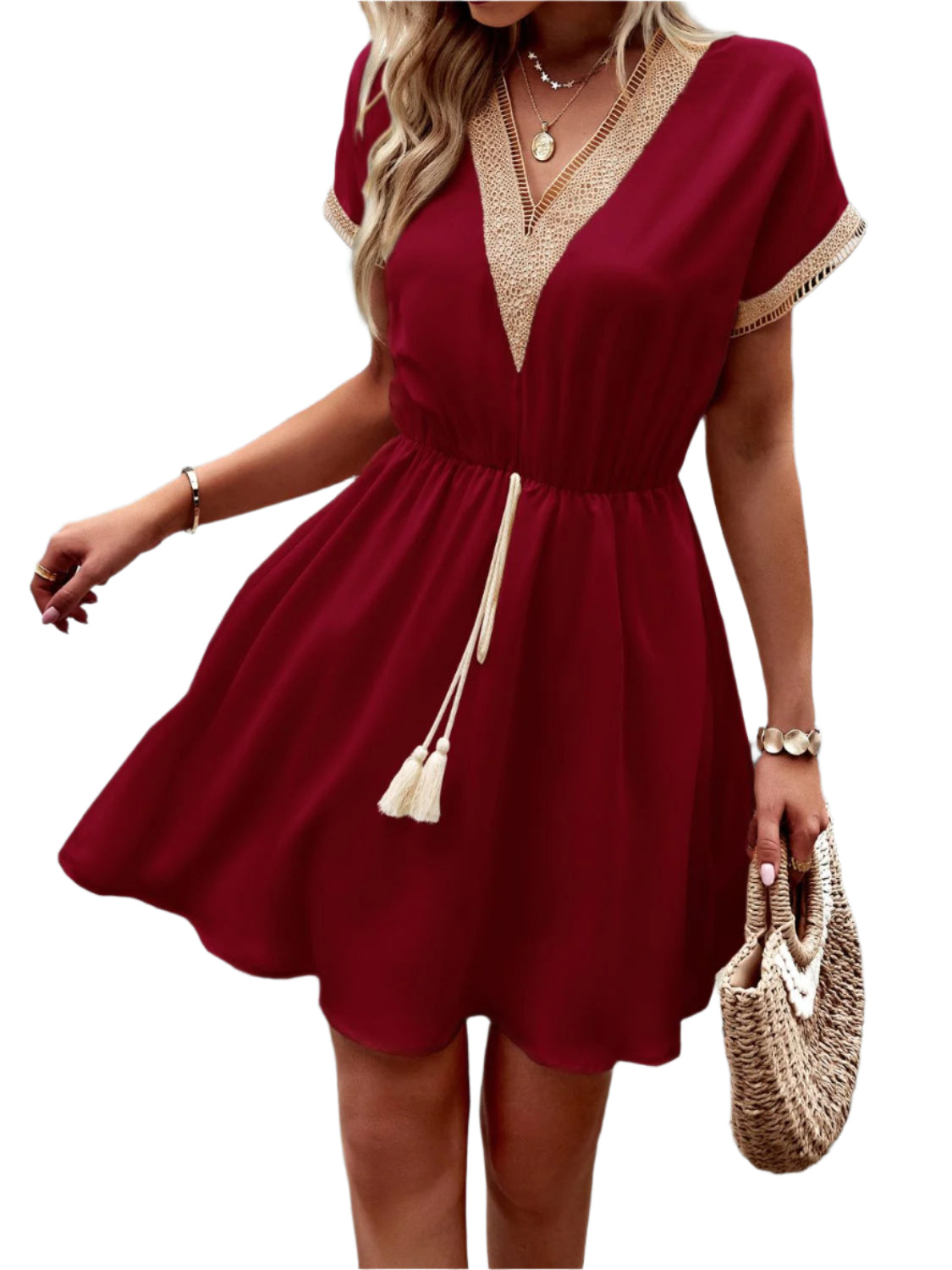 Devine Contrast Trim V-Neck Short Sleeve Mini Dress