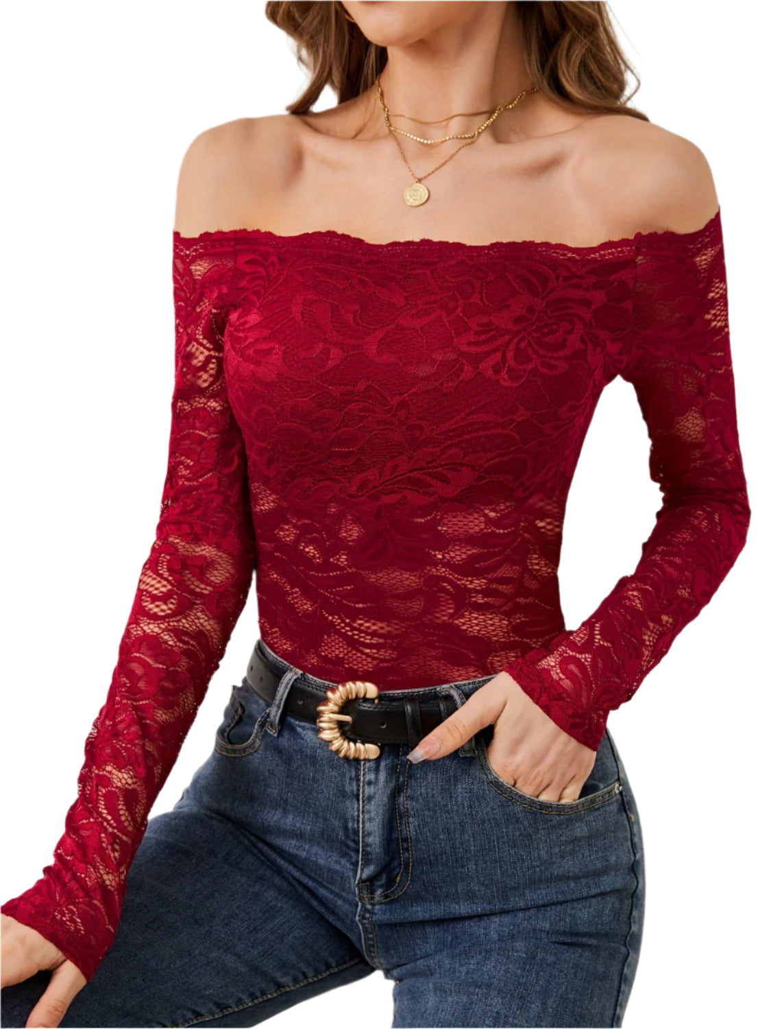 Off-Shoulder Long Sleeve Lace Top