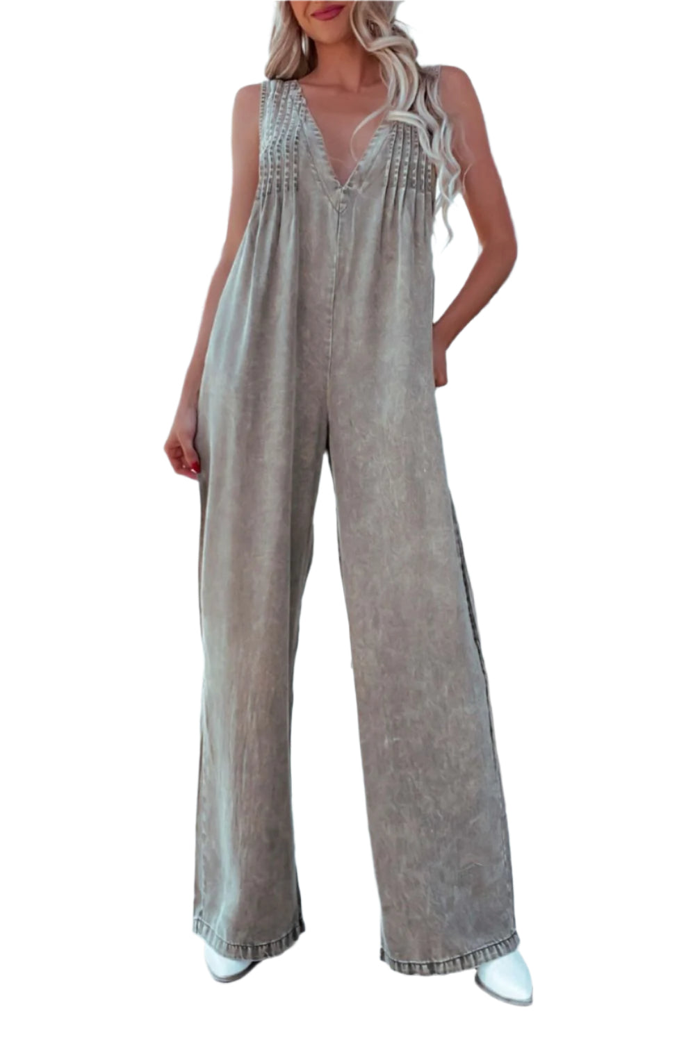 V-Neck Wide Leg Denim Jumpsuit