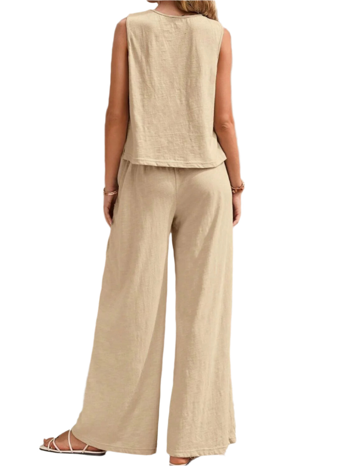 Round Neck Sleeveless Top and Wide Leg Pants Set
