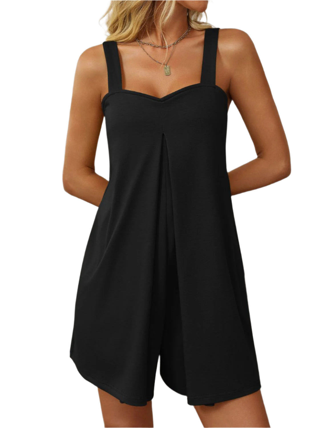 Mandy Sweetheart Neck Wide Strap Romper with Pockets