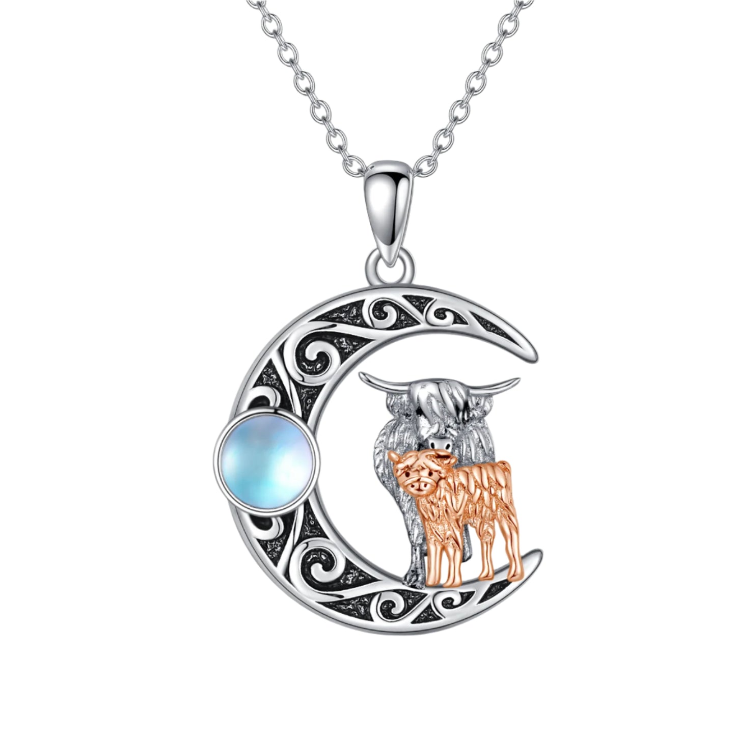 925 Sterling Silver Crescent Moon Highland Cow Moonstone Crystal Necklace