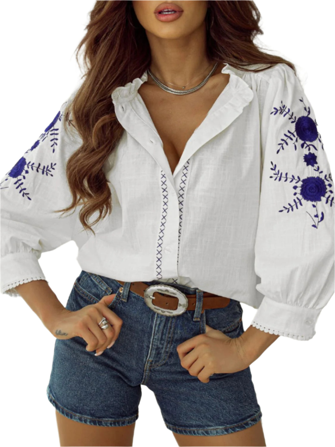 Frill Floral Embroidered Sleeve Shirt