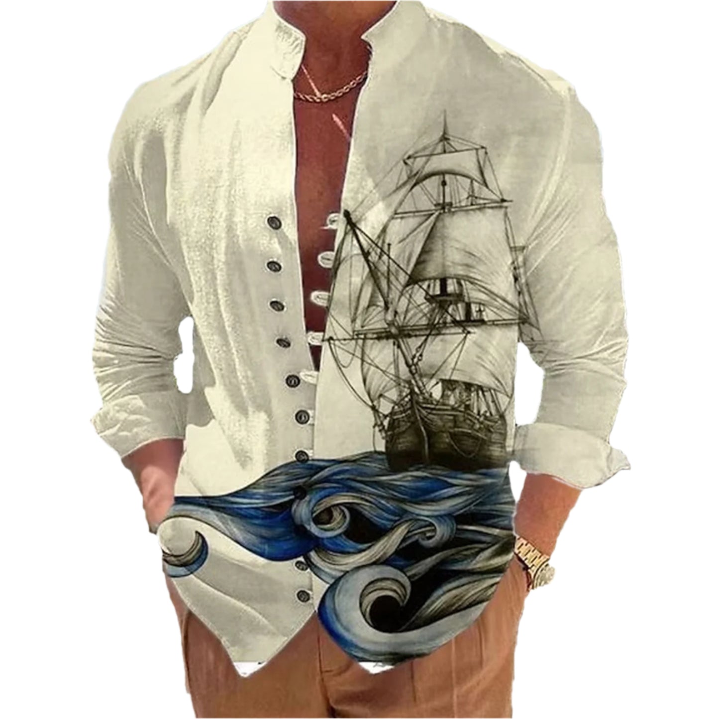 Men's 3D Vintage Print Long Ship Collard Long Sleeve Button Down Shirt