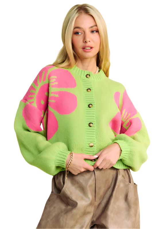 Davi & Dani Flower Contrast Round Neck Long Sleeve Cardigan