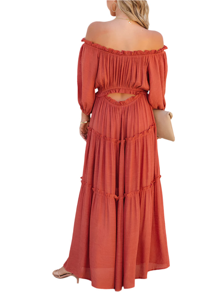 Ruffle Trim Off Shoulder Long Sleeve Maxi Dress