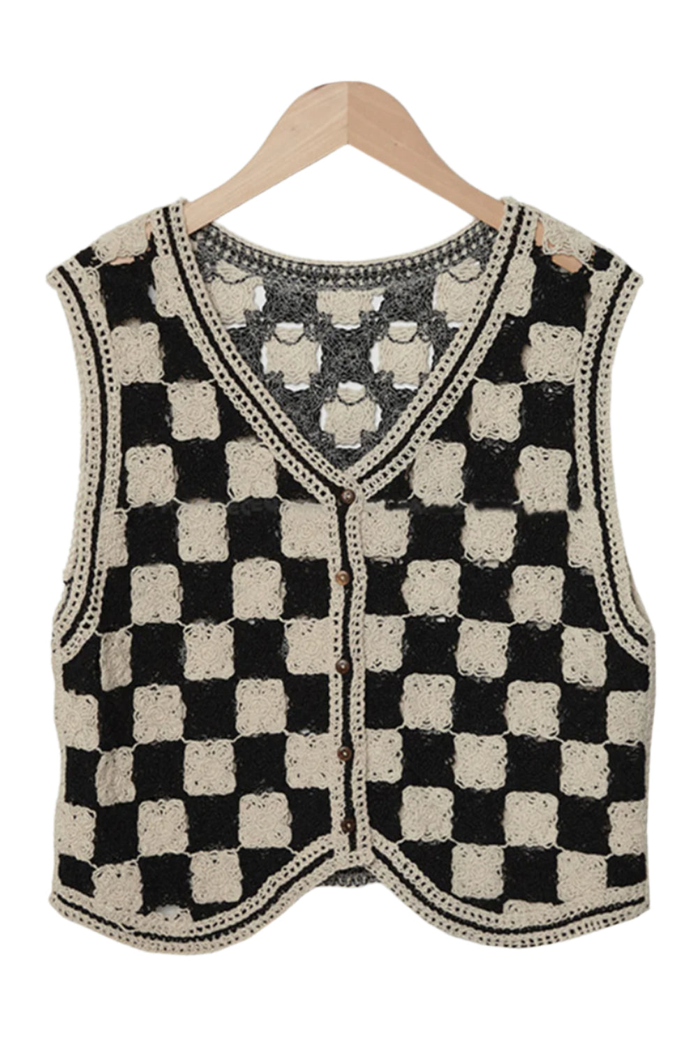 Crochet Checkered V-Neck Button Up Vest