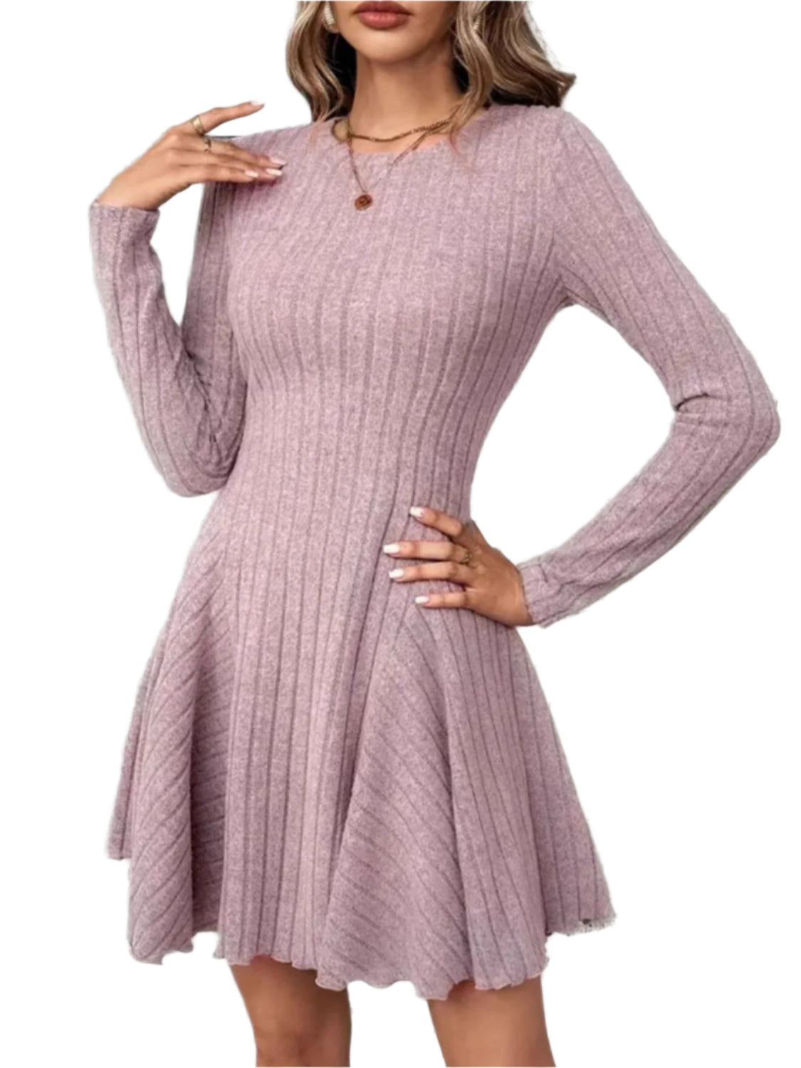 Ribbed Round Neck Long Sleeve Mini Dress