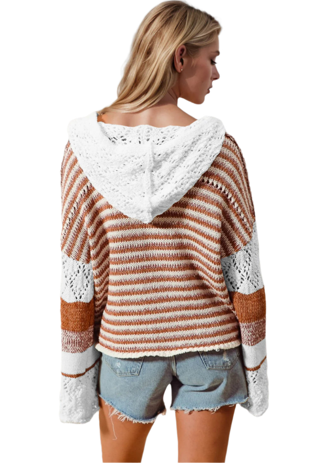 Double Take Full Size Openwork Contrast Long Sleeve Hooded Sweater