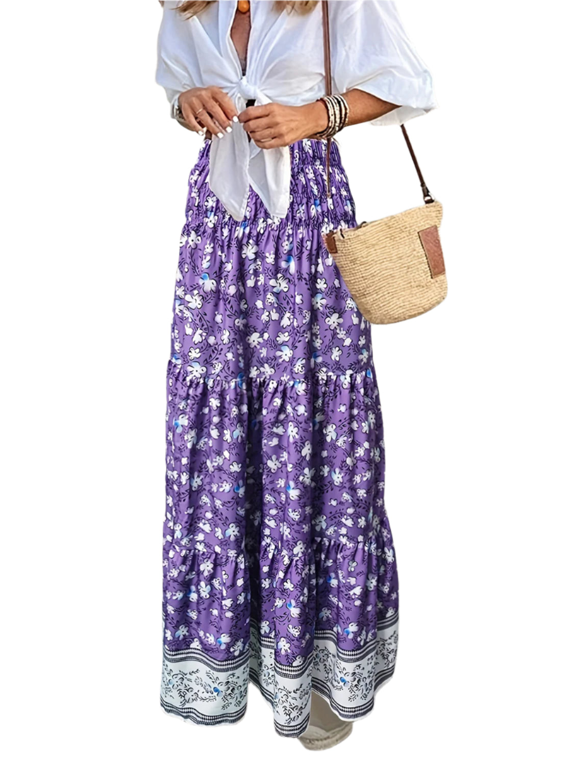 Full Size Tiered Printed Elastic Waist Skirt