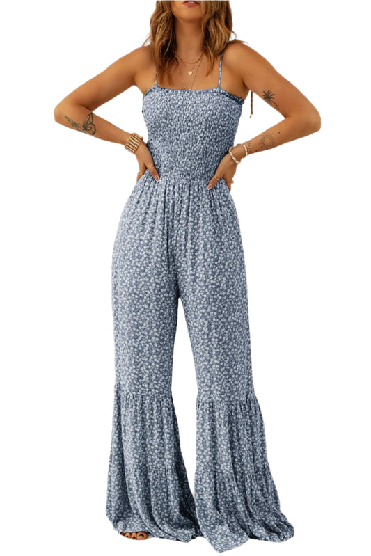 Smocked Printed Wide Strap Jumpsuit