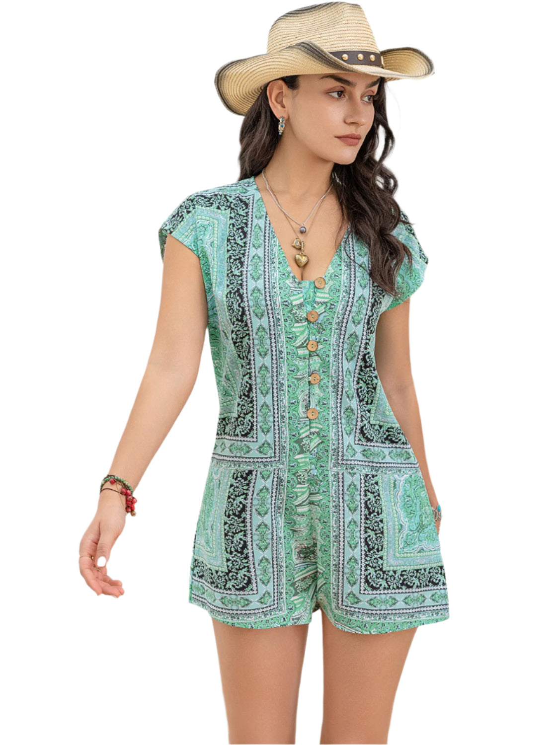 Printed V-Neck Cap Sleeve Romper