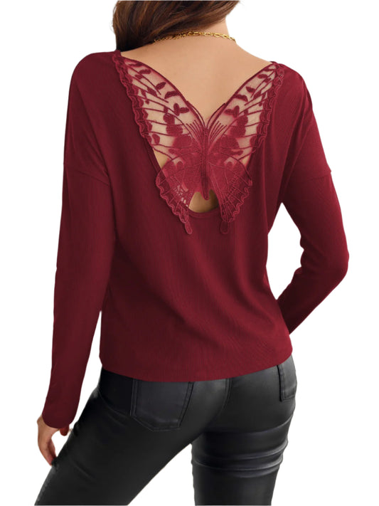 Lace Detail Butterfly Back Round Neck Long Sleeve T-Shirt