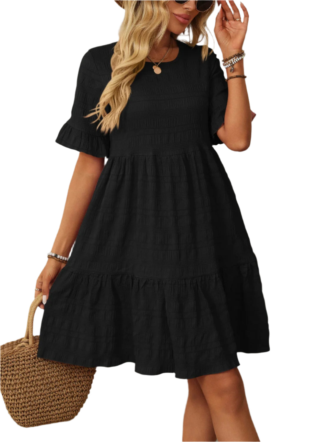 Mandy Ruffled Ruched Round Neck Half Sleeve Dress