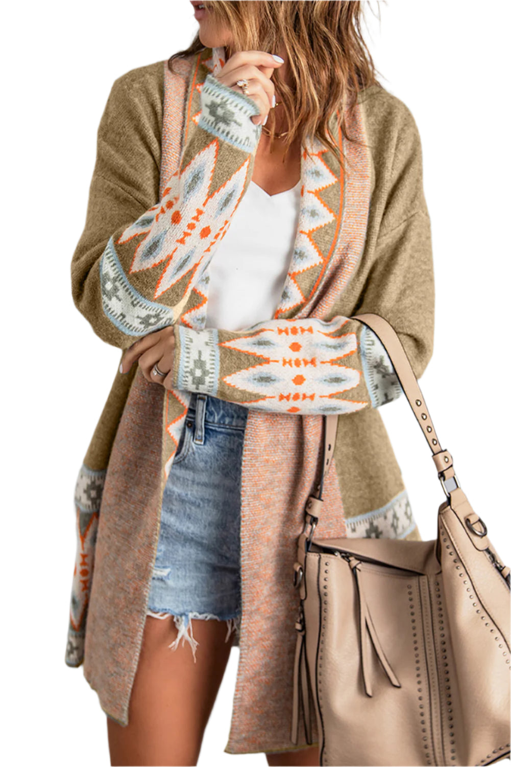 Geometric Open Front Long Sleeve Cardigan