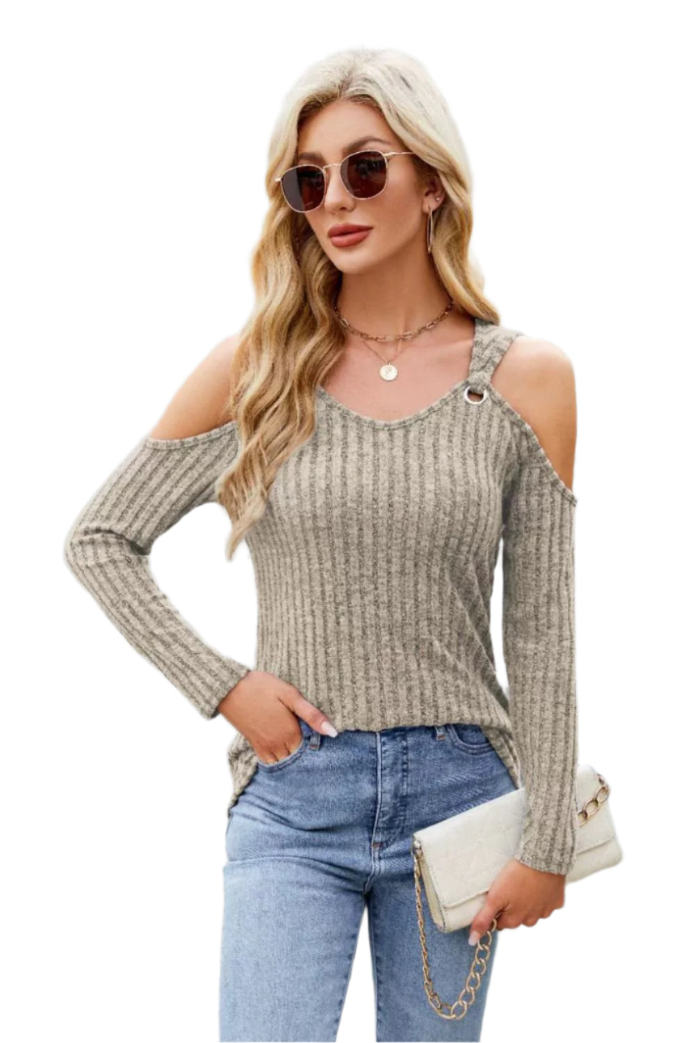 Ribbed Cold Shoulder Long Sleeve Top